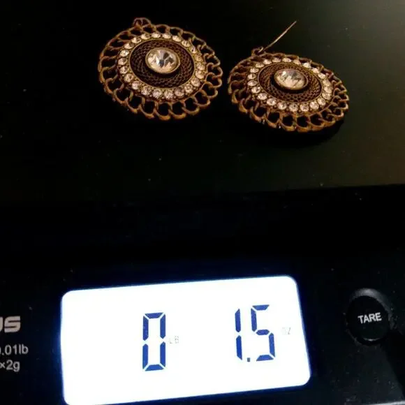 Vintage Clear Rhinestones Mesh Link Chain Round Drop Earrings, 2 Inches - Picture 8 of 8